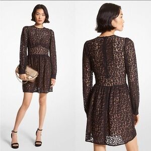 Michael Kors Leopard Corded Lace slong sleeves black Mini Dress